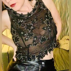 Vintage Y2K Beaded Sheer Black Top
